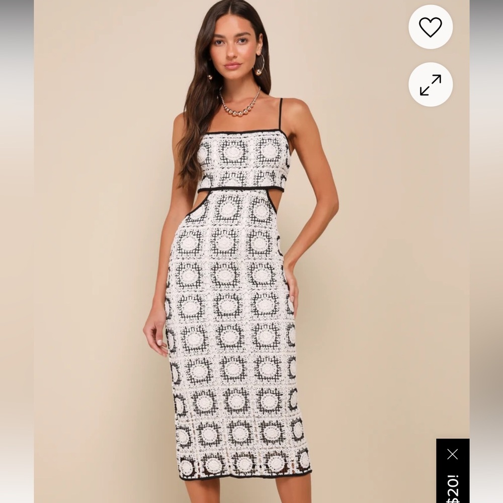 Trendy Beauty Black and Ivory Crochet Tie-Back Midi Dress